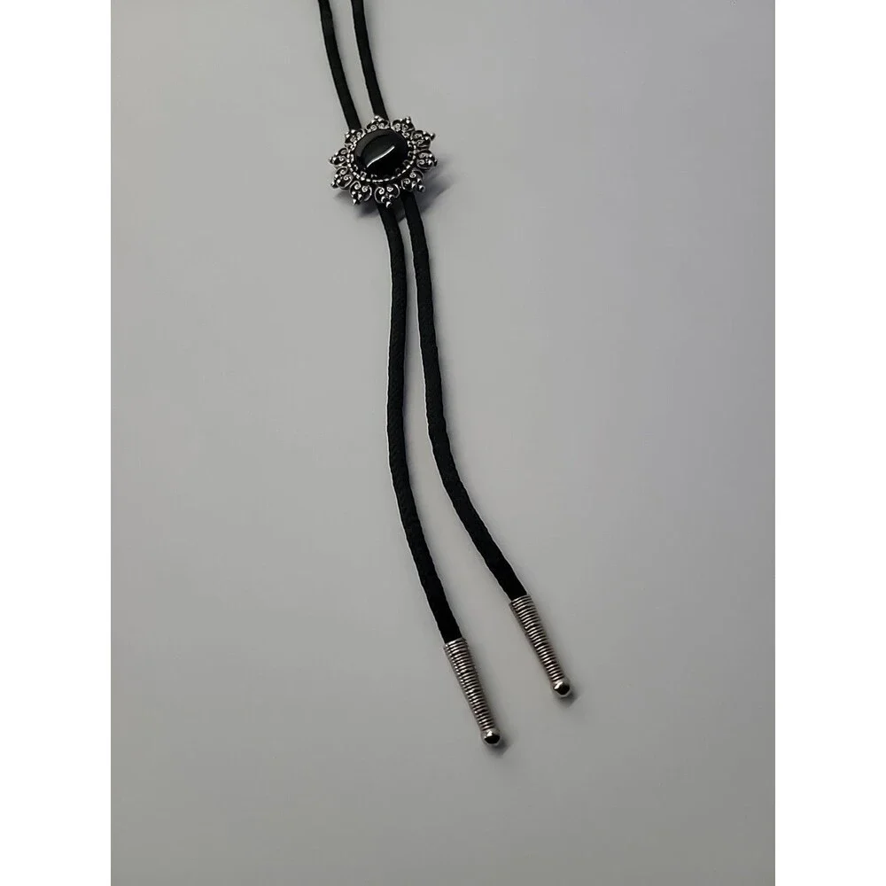 Black Bolo‎ Necklace Silver Tone Filigree Black Cabochon Western Cord Slide